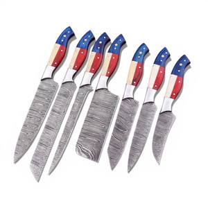 มีดเชฟเหล็กดามัสกัสตีขึ้นรูปด้วยมือ 8 ชิ้น คมกริบ ใช้งานได้หลากหลายสำหรับงานประจำวัน มีดทำครัว ด้ามไม้สีธรรมชาติ หุ้มหนัง - Product Image 1