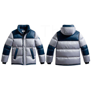 Men's <b>Silver</b> Blue Color Blocking Puffer <b>Jacket</b> Windproof Zipper Closure Casual Winter Coat Stand Collar Regular Fit - Product Image 5