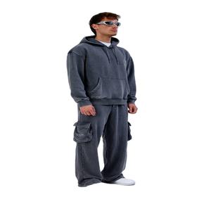 Conjunto Deportivo de Invierno de 2 Piezas con Capucha para Hombre, Lavado Ácido, para Gimnasio, Entrenamiento, Correr, Ropa Deportiva Informal, Diseño Sólido - Product Image 1