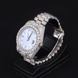 Montre de luxe pour homme en acier inoxydable, automatique, avec cadran bleu ciel, sertie de moissanite et de diamants taille baguette, style Hip Hop Bling - Product Image 3