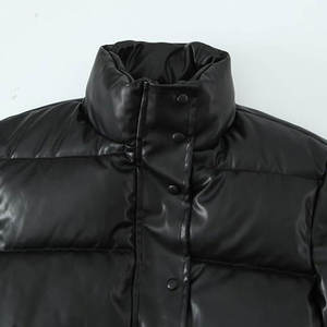 Black PU Puffer <b>Jacket</b> Stand Collar Zipper Closure Quilted Windproof Short Winter Coat Casual Unisex Thick Filling - Product Image 6