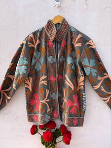 Handmade Suzani Embroidered Bomber Velvet <b>Jacket</b> Floral Pattern Eco-Friendly Breathable Boho <b>Gothic</b> Winter Festival Cotton - Product Image 1