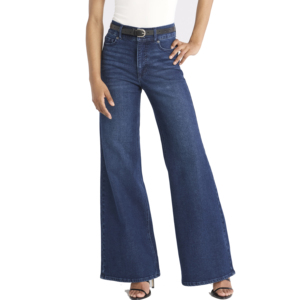 Pantalon évasé ample pour femme en jean de coton de haute qualité, taille haute, coupe large, bleu délavé vintage - Product Image 2