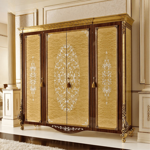 Luxury Italian Style <b>Wardrobe</b> Four-Doors Solid Mahogany Wood Veneer Panel Gold Detail Classic Bedroom Furniture for Villa Hotel - Product Image 1