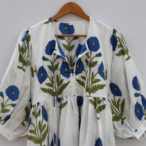 Beautiful Floral Hand Block Printed Cotton Dress White 3/4 Sleeves Casual Wear for Women-Indus <b>Art</b> & Emporium Summer - Product Image 3