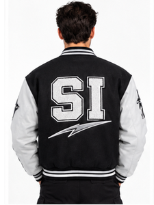 เสื้อแจ็คเก็ตวาร์ซิตี้สีดำขาวสำหรับผู้ชาย ปักโลโก้ SI หมายเลข 3 ที่แขนเสื้อ คอตั้ง ทรงปกติ สไตล์ลำลอง - Product Image 5