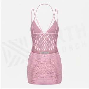 Pink Crocheted Hollow Out Swimdress With <b>Crossed</b> Halter Neckline Women's Beachwear - Product Image 2