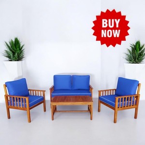 Ensemble de jardin 4 places, mobilier d'extérieur design moderne, résistant aux intempéries, coussins bleus, structure en bois massif pour villa et hôtel - Product Image 2