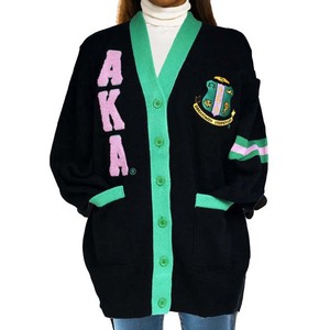 AKA Women's Knitted <b>Cardigan</b> V-Neck Long Sleeve Casual <b>Chenille</b> Embroidered Logo Contrast Color Design Customized - Product Image 4