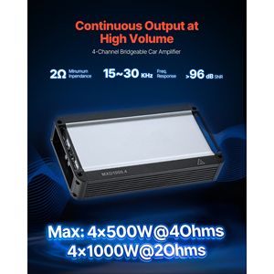 Amplificatore Audio per Auto a 4 Canali 12V, Classe D Stabile, Gamma Completa 500W@4Ohm/1000W@2Ohm, Potenza Massima, Bridgeabile 2 Ohm - Product Image 2