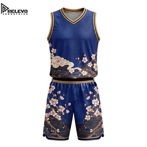 Conjunto de Camiseta y Pantalones Cortos de Baloncesto con Estampado de Flores de Cerezo y Olas, Personalizado OEM, Uniforme Deportivo Sublimado en Azul y Dorado - Product Image 1