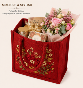 Bolsa de Mano Abierta de Yute Roja de Lujo con Bordado Floral para Mujer, Hecha a Mano, Ecológica, para Regalo - Product Image 2