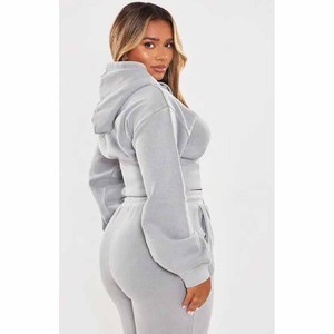 Conjunto Deportivo de 2 Piezas para Mujer, Sudadera Corta con Capucha Gris, Pantalones Jogger, Manga Larga, Felpa, Corte Holgado, Informal, para Todas las Temporadas - Product Image 3