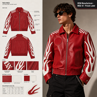 Blouson Bomber en Cuir Rouge pour Homme, Style Moto Biker, Patchwork Flamme, Écologique, Hiver, Col Montant, Fermeture Boutonnée, Coupe-Vent