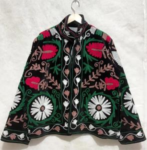 Bohemian Black Velvet Floral <b>Embroidered</b> Suzani <b>Jacket</b> Full Sleeve Stand Collar Handmade <b>Women</b> Autumn Outerwear - Product Image 1