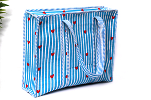 Blue Striped Heart <b>Quilted</b> Handmade Cotton <b>Tote</b> <b>Bag</b> with Zipper Closure Chains Cute Heart Print Lightweight Travel Shopping <b>Bag</b> - Product Image 3