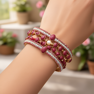 Fashion Matte Ruby Stone Studded Bangles with Zircon and Pearl Accents - Product Image 3