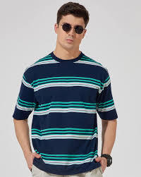 Camiseta de Manga Corta para Hombre de Alta Calidad 2026, Azul Marino y Verde Azulado con Rayas Horizontales, Estilo Urbano y Corte Holgado - Product Image 2
