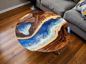 Mesa de centro de olas oceánicas, mesa de epoxi con efecto río, mesa de centro costera, mesa redonda de madera, muebles inspirados en la playa, mesa de centro hecha a mano con temática oceánica - Product Image 4