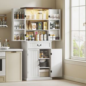 Mobile dispensa da cucina a LED bianco anticato da 71 pollici con ante e ripiani, stile rustico - Product Image 2