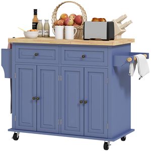 Carrello da Cucina Moderno Blu Navy su Ruote con Piano in Rovere e Legno di Gomma, Porta Spezie, Portasciugamani, Cassetti, Design Portatile - Product Image 1