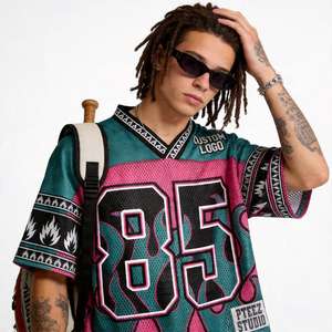 Maillot de sport streetwear en mesh épais personnalisé avec impression par sublimation, coupe athlétique oversize sur le devant, respirant, manches courtes, OEM - Product Image 4