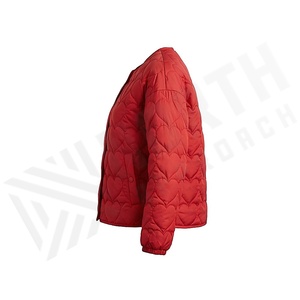 Red Quilted Heart Pattern Jacket Full Sleeve O-Neck Button Closure Women's Autumn Wear - Product Image 3