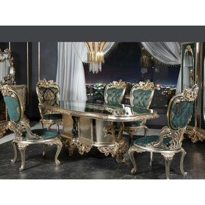 Juego de Comedor de Madera de Teca Sólida de Lujo, Estilo Clásico, 6 Sillas Talladas, Terciopelo, Dorado y Plateado Antiguo, Muebles para Comedor Grande - Product Image 1