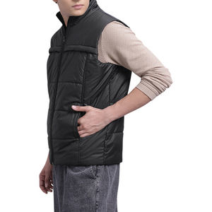 Men's <b>Black</b> Quilted <b>Vest</b> Stand Collar Zipper Closure Windproof Casual Winter Outerwear With Pockets Regular Length - Product Image 1