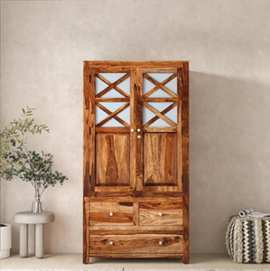 Grand multi-door wooden wardrobe with glass display sections and built-in <b>lighting</b>, available at wholesale prices. - Product Image 2