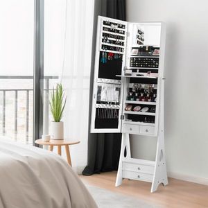 White Full Mirror Jewelry Storage Cabinet with 2 Large Drawers Wood Flooring Style and Natural Light Strip Makeup Vanities - Product Image 2