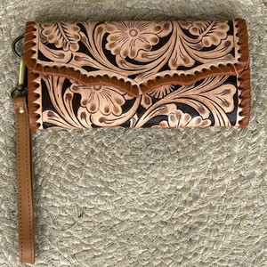 New Hand <b>Tooled</b> <b>Leather</b> Wallet with Wrist Strap Design Ladies Clutch Organizer Multiple Card Slots Stylish Western Wallet Purse - Product Image 3