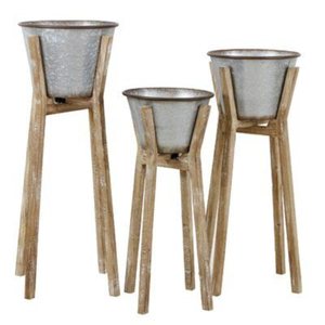 Support de plante en bois moderne avec seau à glace en acier inoxydable, pot en métal, support de plante en bois massif fait main pour la décoration intérieure et extérieure - Product Image 2