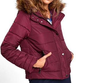 Women's Burgundy Hooded Puffer Jacket With <b>Fur</b> <b>Trim</b> Windproof Winter Casual Outerwear Solid Color Polyester Shell Zipper Closure - Product Image 1