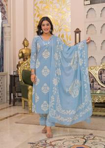 Ensemble de costume artisanal en coton bleu ciel premium 60x60 avec pantalon assorti et dupatta imprimé pour femmes, vêtements ethniques - Product Image 2
