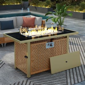 Tavolo con Braciere a Gas Propano K K 43 Pollici, 60000 BTU, Rettangolare, in Vimini Intrecciato con Protezione Vento in Vetro per Bracieri da Patio - Product Image 1