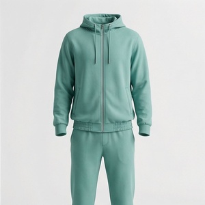 Ensemble de survêtement unisexe à capuche de couleur unie avec fermeture éclair intégrale, sweat-shirt et pantalon décontractés, pour adulte, collection automne, 100 % coton, poids moyen, coupe classique - Product Image 1