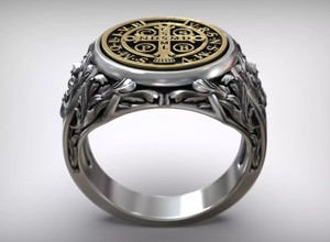 925 Sterling Silver <b>Black</b> Oxidized Gothic Style Cross Shape Saint Benedict Medallion Cocktail <b>Ring</b> - Product Image 3