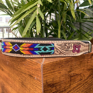 New High Quality Soft Comfortable Durable Genuine Leather Pet <b>Dog</b> <b>Collar</b> Luxury Designer Hand Tooled Leather Beaded Pet <b>Collars</b> - Product Image 2