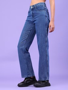 Jean en denim noir déchiré aux genoux, coupe ajustée, éco-responsable, style vintage, coupe classique pour femme - Product Image 1