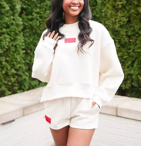 2026 High Quality Polyester/Cotton Solid <b>Plain</b> Mockneck Loose Fit 2 Piece Winter Fleece <b>Sweatshirt</b> and Shorts Set for Women - Product Image 5