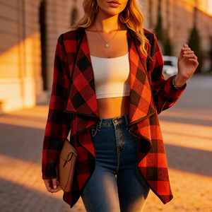 Offre spéciale sur le cardigan ouvert pour femme Temu, à carreaux rouges et noirs, col cascade, manches longues, pour un usage quotidien et une mode urbaine. - Product Image 3