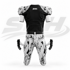 Uniforme de football américain personnalisé noir et blanc pour hommes, maillot à col en V imprimé effet éclaboussures avec pantalon de jeu rembourré, équipe de gridiron personnalisée - Product Image 3