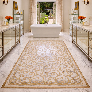 Conception de sol de salle de bain moderne en marbre incrusté, mosaïque en pierre naturelle artisanale, revêtement de sol décoratif imperméable - Product Image 3