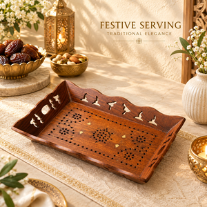 ถาดไม้ตกแต่งลายฉลุดอกไม้สไตล์งานฝีมือ |   ถาดไม้ทรงสี่เหลี่ยมสำหรับเสิร์ฟอาหาร ตกแต่งโต๊ะอาหารที่บ้าน ชุดของขวัญ - Product Image 4