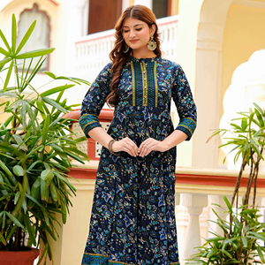Vestido Anarkali Kurta Largo con Estampado Floral y Geométrico, Ropa de Verano para Mujer, 100% Algodón, Hermoso Vestido Kurti Indio - Product Image 1