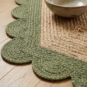 Natural Rectangular Jute Rug Green Scalloped Border Handmade Woven Area Carpet Rustic Boho Farmhouse Home Decor Rug - Product Image 5