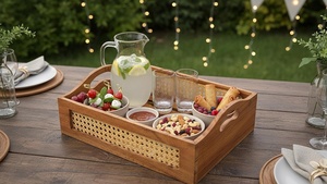 Handcrafted Wooden Storage Trays with Cane Weaving Natural Rattan <b>Box</b> with Handles Decorative Multipurpose Organizer Basket Set - Product Image 2