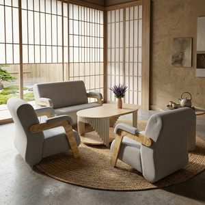 Ensemble de fauteuils en tissu gris clair avec structure en bois, meubles de salon minimalistes, design moderne, finition mate écologique - Product Image 1