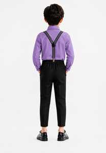 Vêtements pour enfants de marque, chemise boutonnée pour garçons avec pantalon noir classique et ensemble de bretelles rayées - Product Image 6